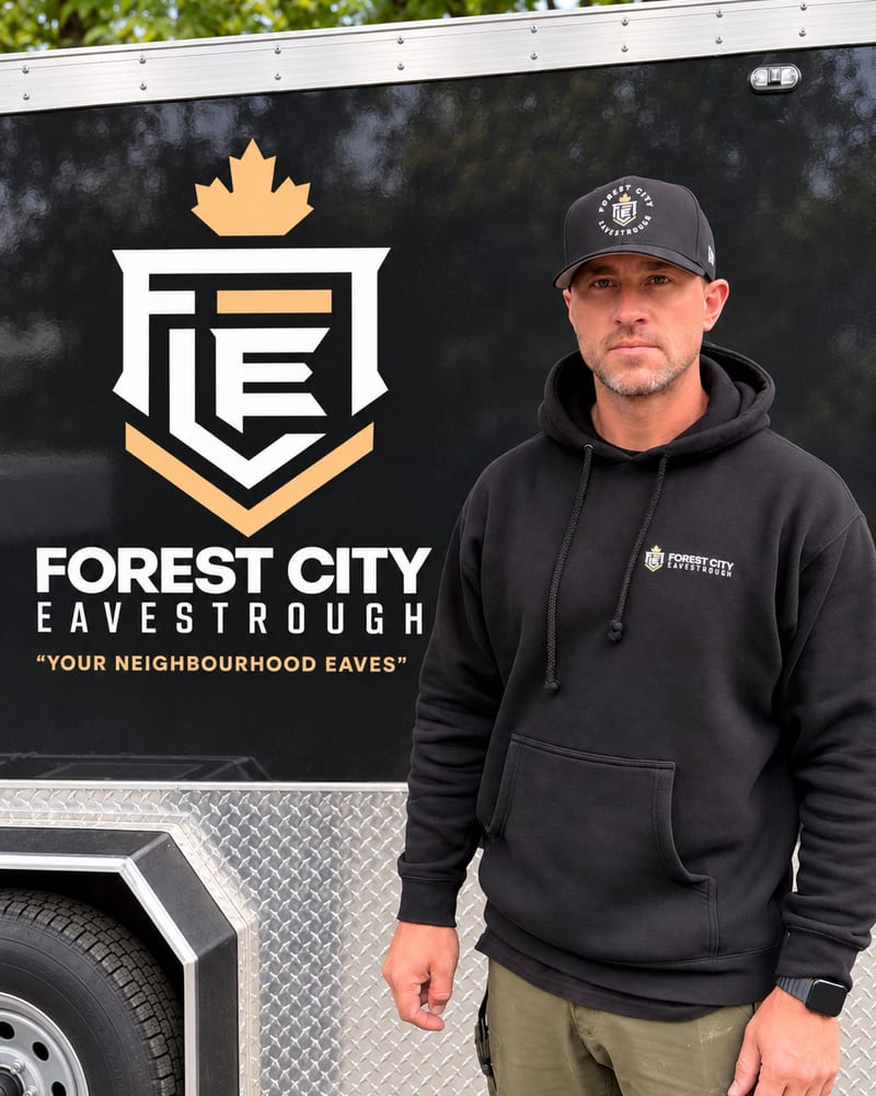 Tibor Okros, owner of Forest City Eavestrough, standing beside the company trailer in a Forest City Eavestrough hoodie and cap.